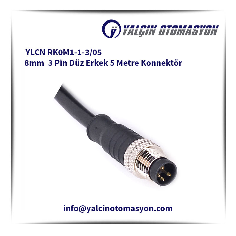 YLCN RK0M1-1-3/05 8mm 3 Pin Düz Erkek 5 Metre Konnektör